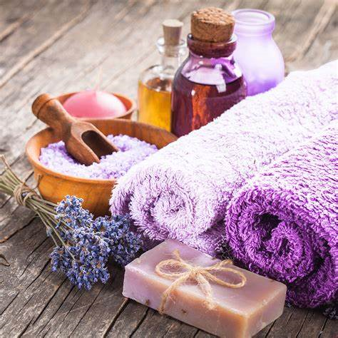 towels, soap, oils and lavender