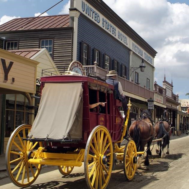 Stagecoach travelling along historic town of Sovereign Hill